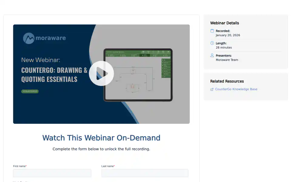 Moraware on-demand webinar page with the recording locked behind its registration form